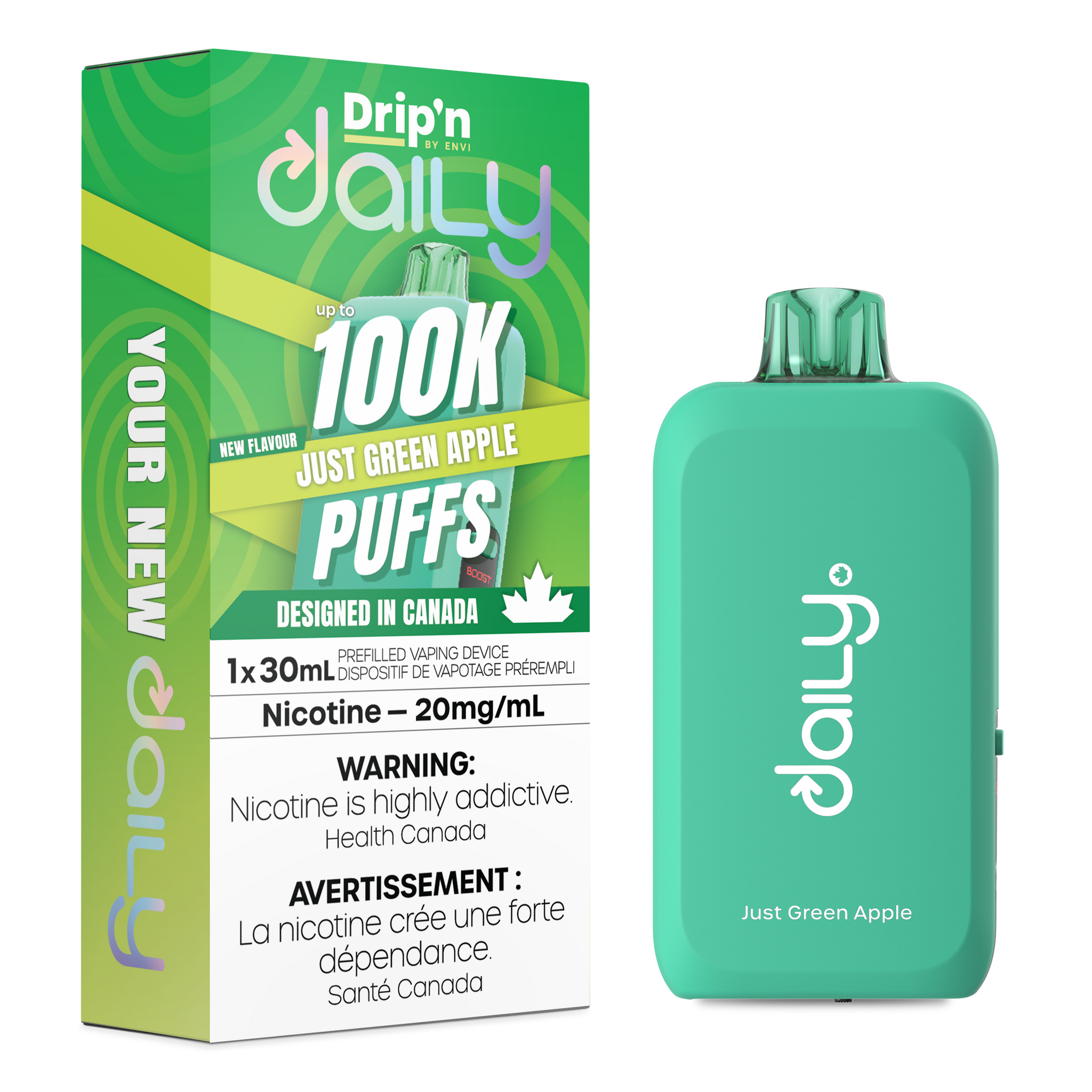 Just Green Apple Drip'n Daily 100K Disposable Keswick Alliston Newmarket Vaughan Woodbridge Toronto Ontario Canada