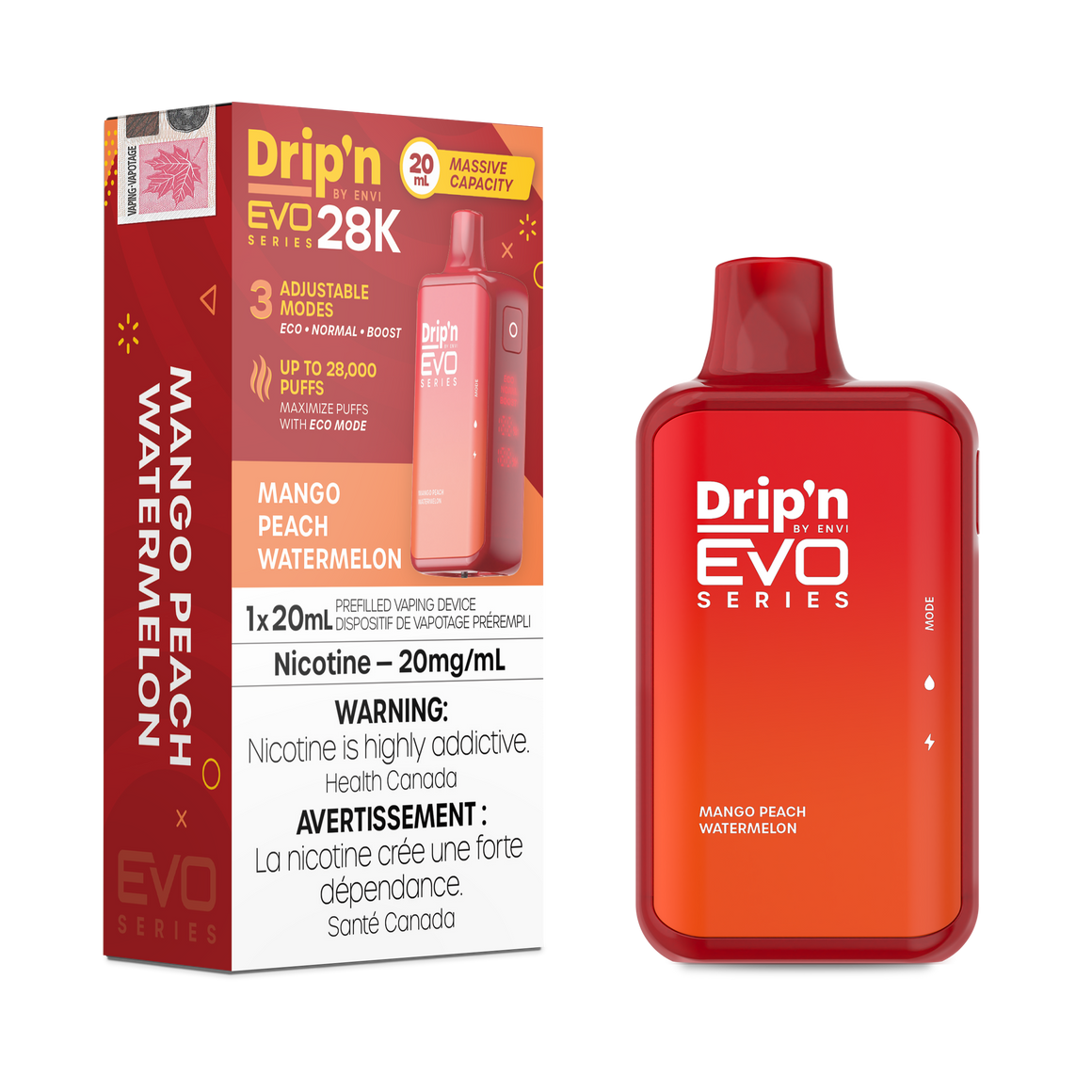 Mango Peach Watermelon Drip'n EVO 28K Disposable Keswick Alliston Newmarket Woodbridge Vaughan Toronto GTA Ontario Canada