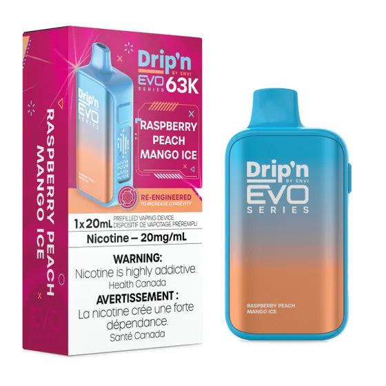 Raspberry Peach Mango Ice Drip'n EVO 63K Disposable Keswick Alliston Newmarket Vaughan Woodbridge Toronto Ontario Canada